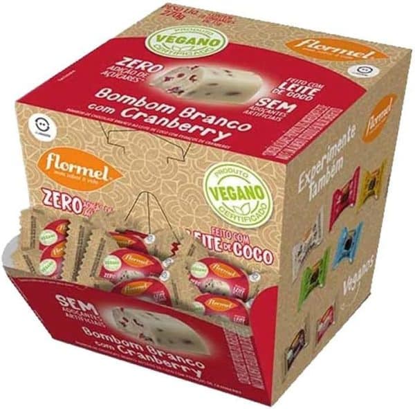 Bombom Vegano Branco com Cranberry (Display com 18 Unidades de 15 Gramas)
