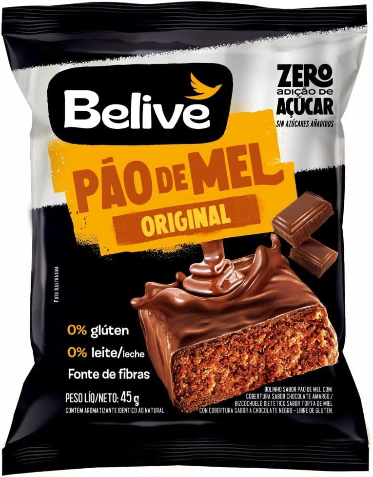 Pão de Mel 100% Coberto de Chocolate Sem Açúcar Sem Glúten e Sem Lactose Belive 45g
